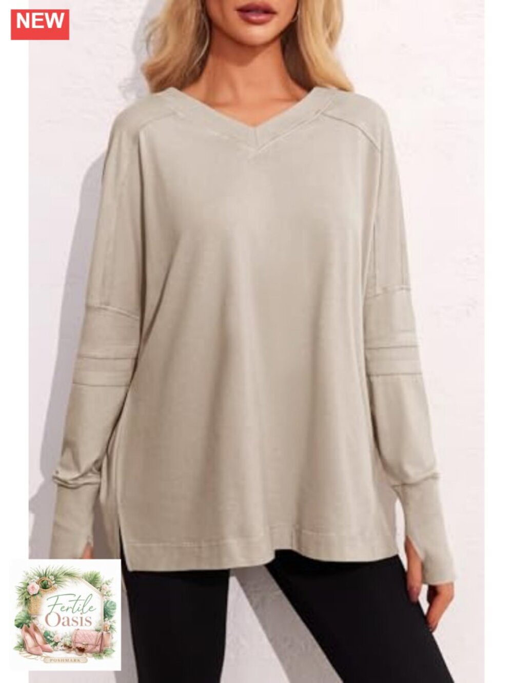 Womens Oversized Long Sleeve Tunic V Neck Tshirt Loose Fit Top with Thumb Holes - Picture 2 of 6